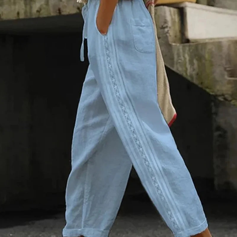 Women Fashion Embroidered Lace Straight Trousers Casual Drawstring Elastic Waist Pockets Pants Ladies Vintage Loose Long Pants