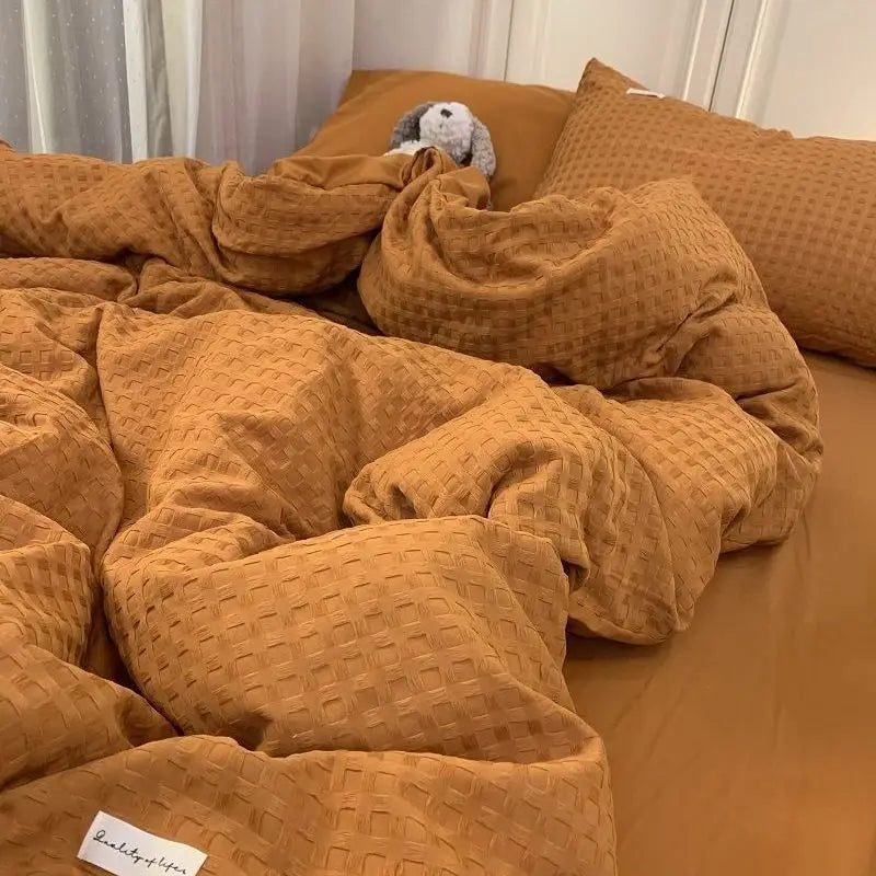 Yeknu Bedding Set Luxury High Grade Light  Washable Cotton Waffle Four Piece  Olive Green Quilt Cover Bed Sheet Dormitory Three Piece