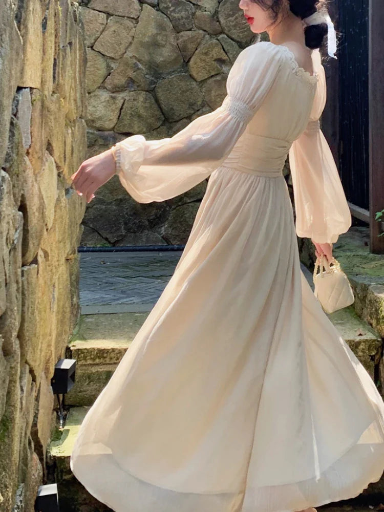 qgtao 2024 Summer Elegant Fairy Midi Dress Women Causal Long Sleeve Vintage Party Dress Female Ruffles One Piece Dress Korean Chic Y2k