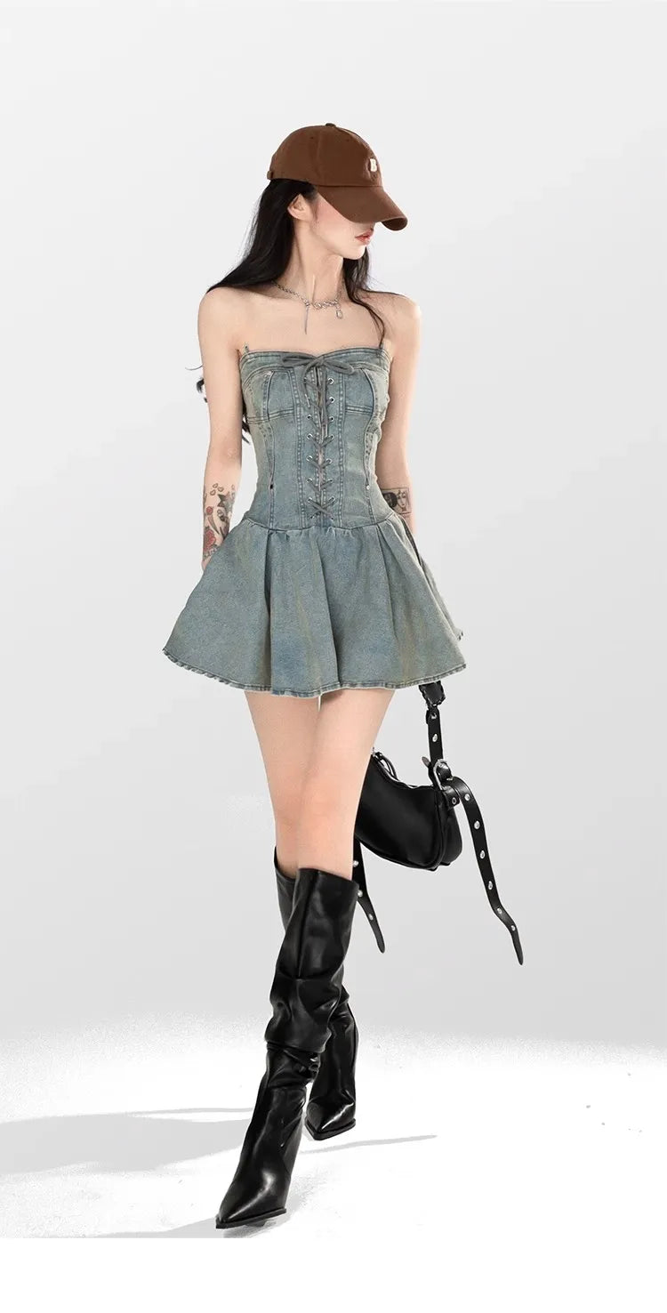 qgtao 2024 Summer Fashion Sexy Denim Bandage Pleated Mini Dress Women Party Dresses Vestidos Fiesta Mujer