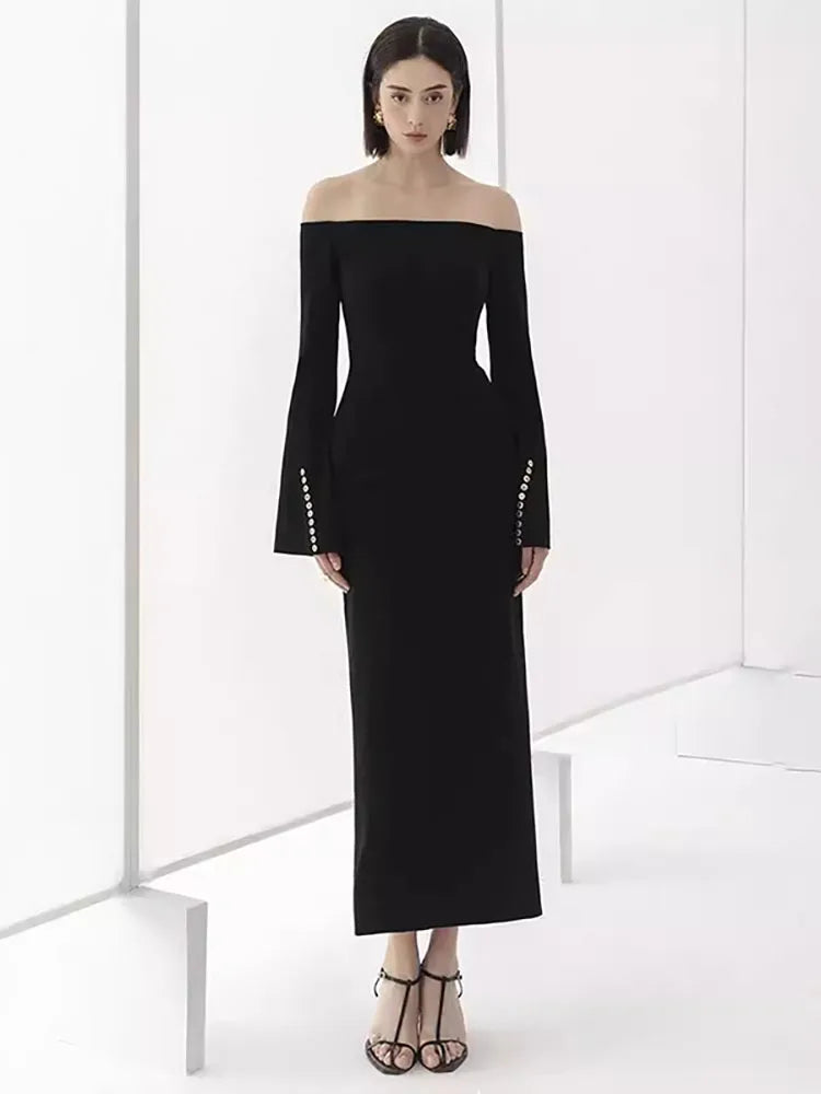 qgtao Fashion Women's Dress Slash Neck Flare Sleeves Folds Button Decorate Slim Ankle-length Dresses Summer 2024 New Tide 13DL10