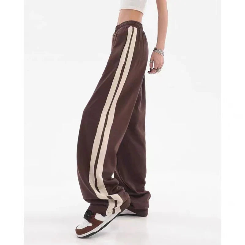qgtao Striped Joggers Sweatpants Bf Hip Hop Women High Waist Wide Leg Sports Pants Street wear Drawstring Baggy Straight Trousers