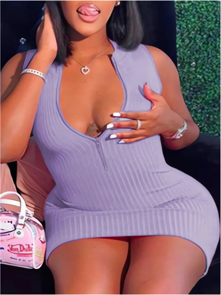 qgtao  Plus Size dresses Rib Knit Zipper Design Bodycon Dress sleeveless mini dress vestido Fashion women clothing Elegant dress