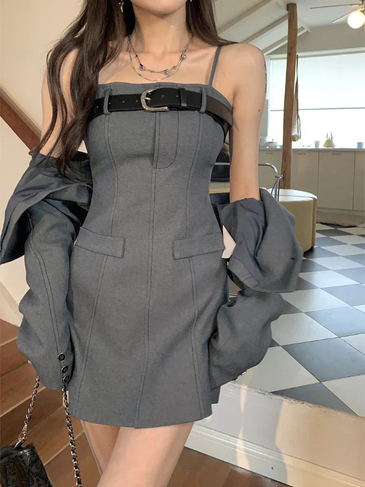 qgtao-Korean Style Two Piece Dress Set Women Elegant Blazer Coat + Strap Dress Set Female Casual France Vintage Dress Suit Spring 2023