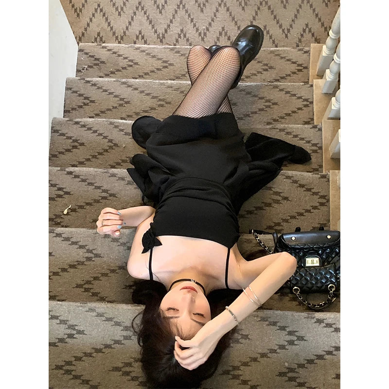 qgtao  Y2K Irregular Midi Dress Women Gothic Black Sexy Strap One Pieces Dresses Korean Party Prom Elegant Bodycon Vestidos New