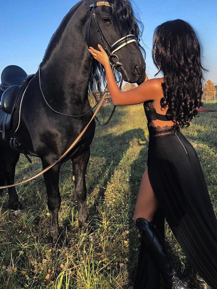 qgtao Elegant Party Evening Maxi Dresses for Women 2024 See Through High Split Red Lace Dress Sexy Backless Summer Long Black Dress