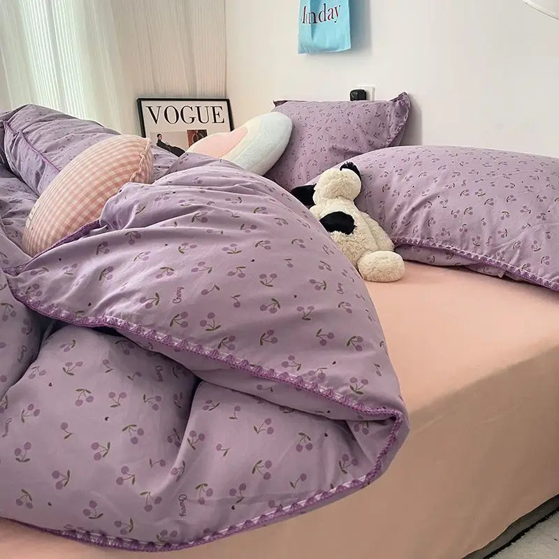 Yeknu Bedding Set Double Layered Yarn INS Girls Mushroom Soft Washed Cotton Bed Sheet Queen King Size Duvet Set Pillowcase Bed Sheet