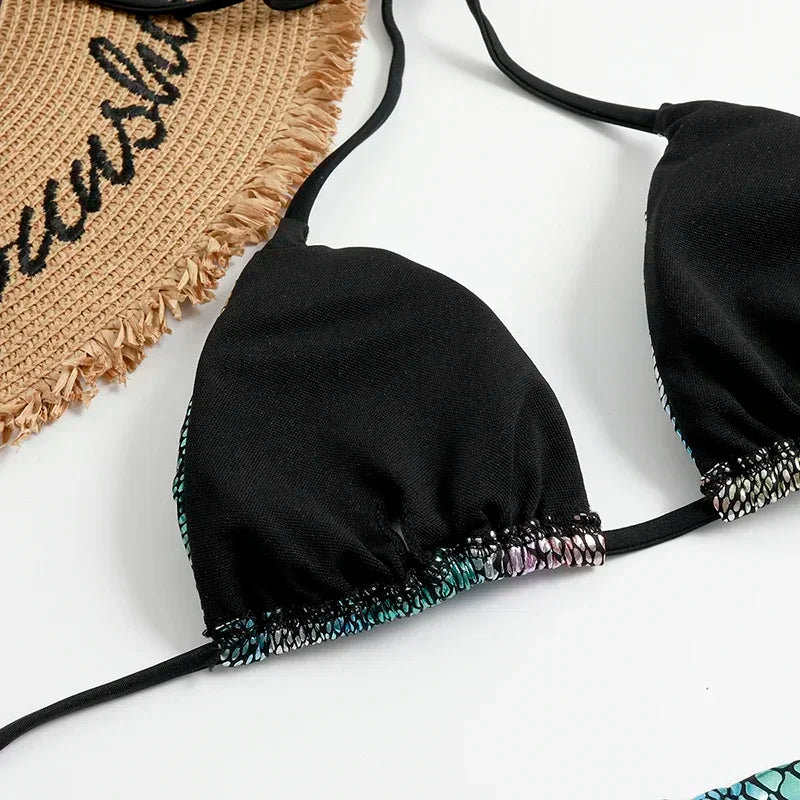 qgtao Fish Scales Shiny Halter Triangle Bikinis Set Swimwear Women Micro Thong Swimsuits Swimming Suit Biquinis Bikinis Mujer Swim