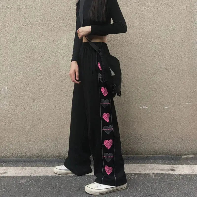 qgtao Plus Size 6XL Spring Summer Pants Women Hearted Print Elastic Waist Black Wide Leg Pant Woman Loose Trousers