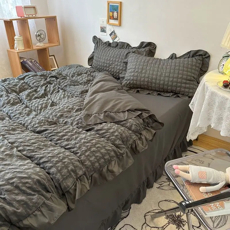 Yeknu Euro Solid Color Ruffle Bedding Sets Girl Couple Fluffy Queen Duvet Cover With Bed Skirt Pillowcase Bedroom Comfort 4 Pieces Set