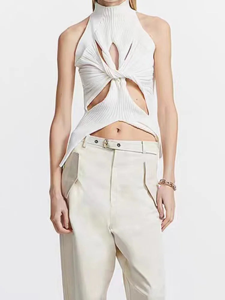 qgtao Sexy Crop Top Women T shirt Summer Cut Out Vest Round Collar Sleeveless Solid Knitting Tank Tops Hollow Out Street wear