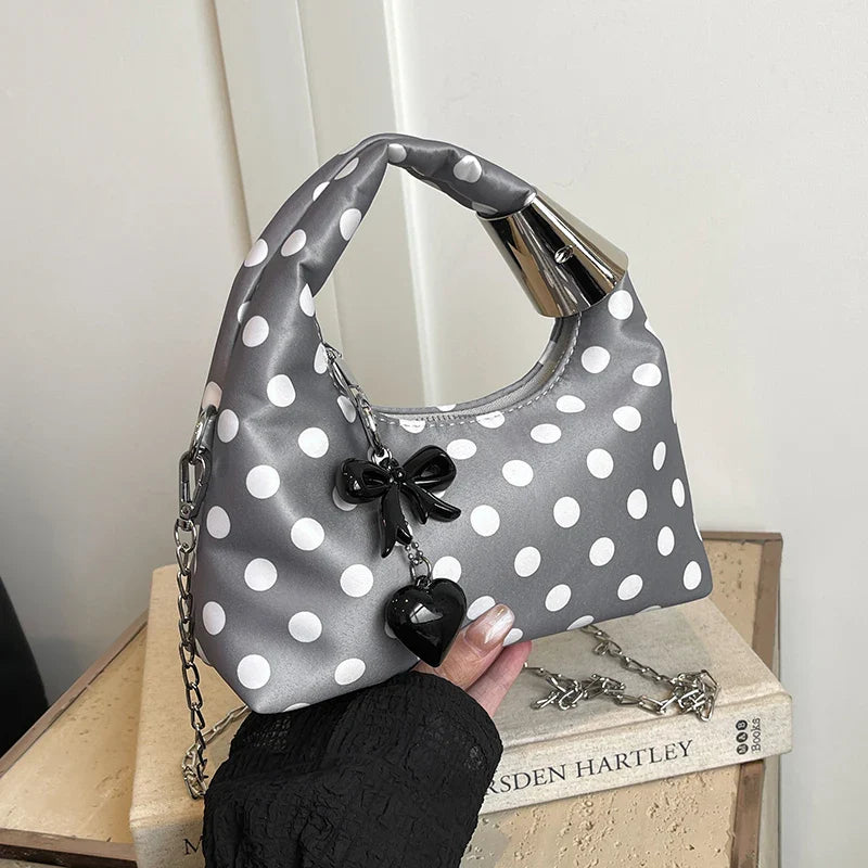 qgtao Women Fashion Round Dot Chain Crossbody Bag Autumn Winter New Bow Decor Handbag Female Nylon Zipper Style Design Shoulder Bag