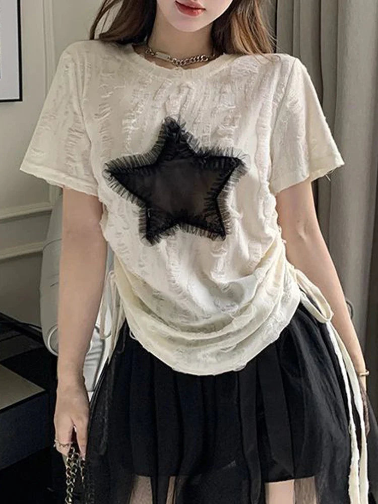 qgtao Y2K T Shirts Women Summer Short Sleeve Top Female Harajuku Fashion Star Print Tee Ladies Vintage Hotsweet Drawstring Camisetas