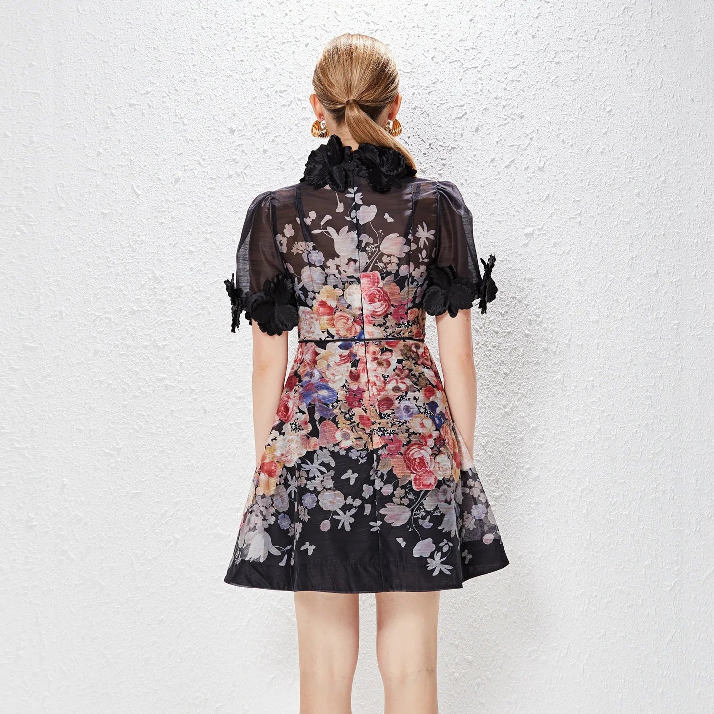 qgtao 2024 NEW Women Floral Mini Dress Spring Summer Printed Standing Collar Short Sleeve Vestido Ladies Holiday Party Vintage Dresses