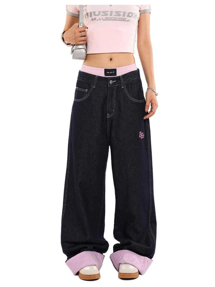qgtao - Y2k Pink Stripe Patchwork Denim Pants Women Streetwear Vintage Baggy Korean Embroidery Jeans Trousers Harajuku Bottoms