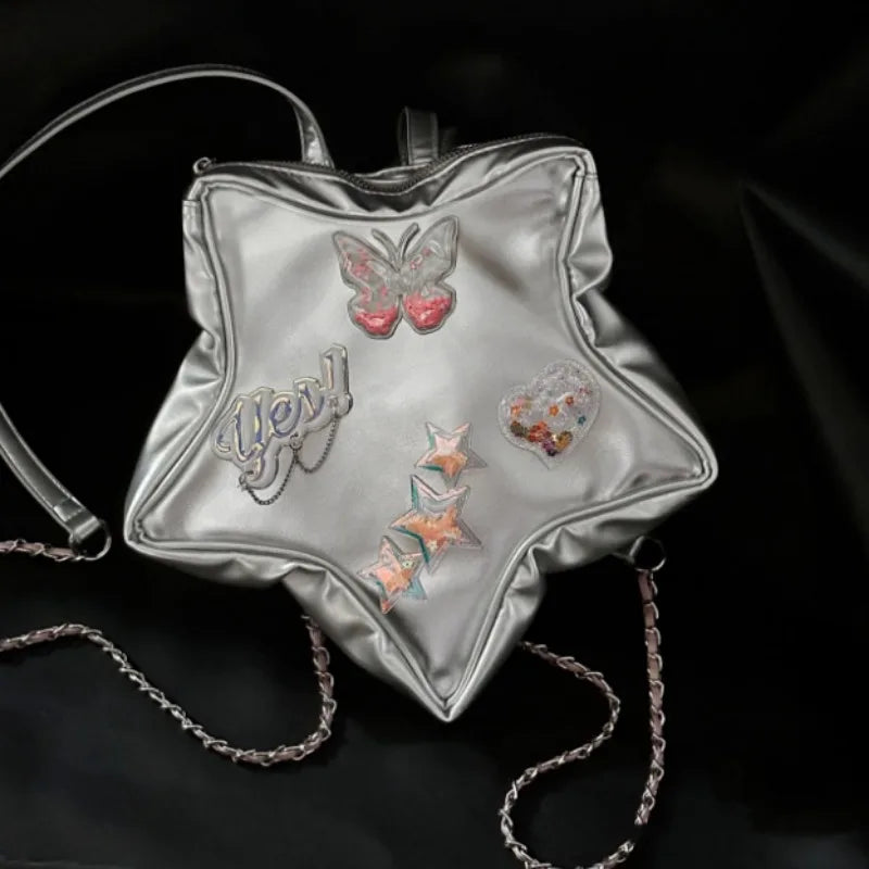 qgtao Y2k Star Shoulder Bag Silver Japanese Style Leather Bag Kawaii Messenger Bag Large Capacity Cute Girl Handbag Wallet New