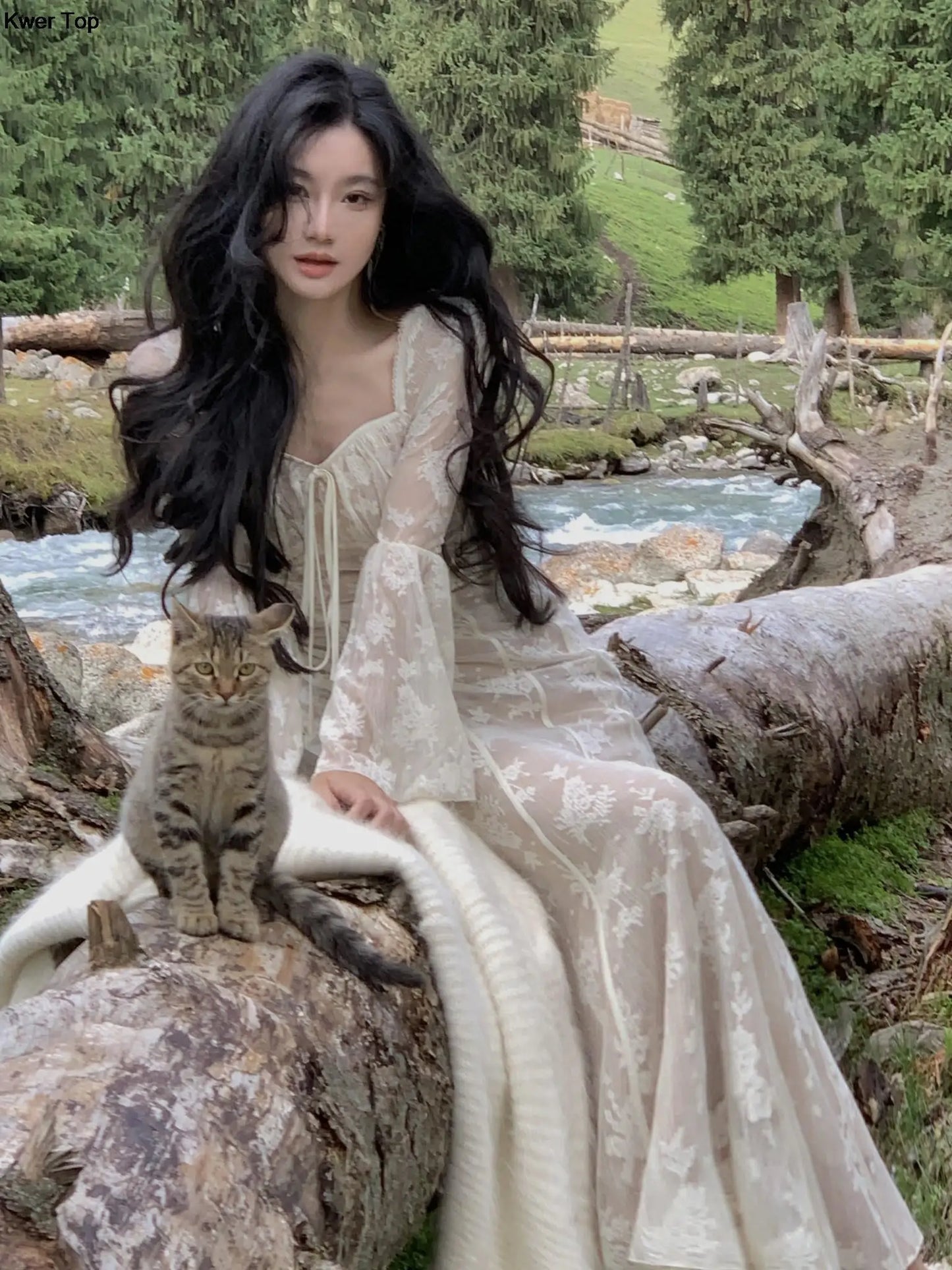 qgtao Elegant Flare Sleeve Mermaid Long Dress Spring Summer Slim Wedding Runway Party Lace Vestidos Women Vintage Clothing