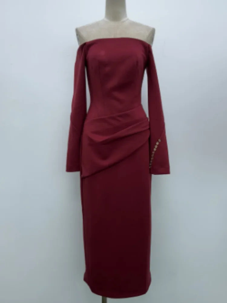 qgtao Fashion Women's Dress Slash Neck Flare Sleeves Folds Button Decorate Slim Ankle-length Dresses Summer 2024 New Tide 13DL10
