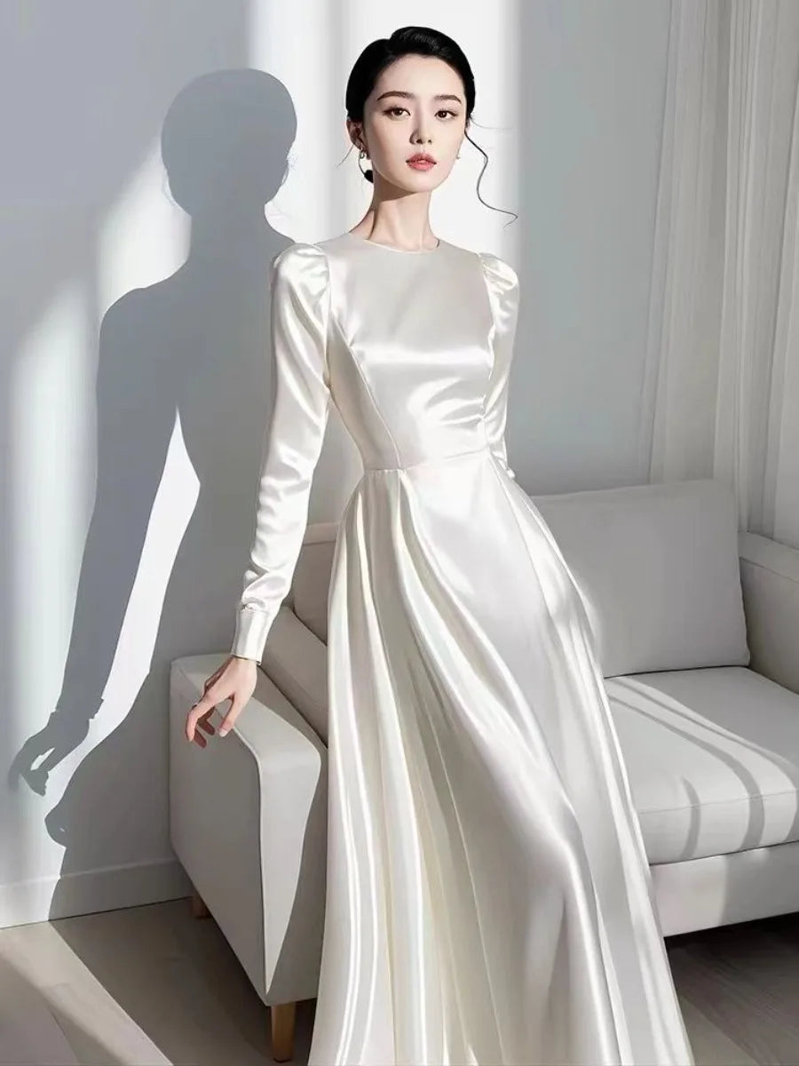 qgtao 2024 Autumn Elegant Satin Women's Long Sleeve Dress Round Neck White French Midi Skirt Women's A-Line Evening dresses N1013-1