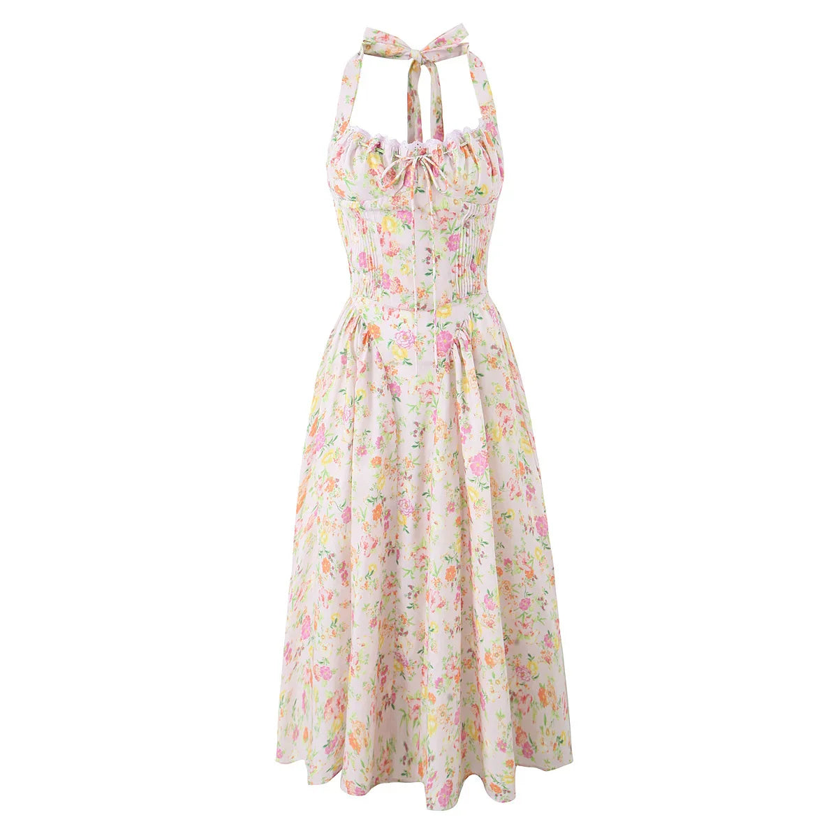 qgtao Lace Trim Floral Print Halter Dress For Women Sexy Backless Low Waist Midi Summer Dresses Holiday Party Robe