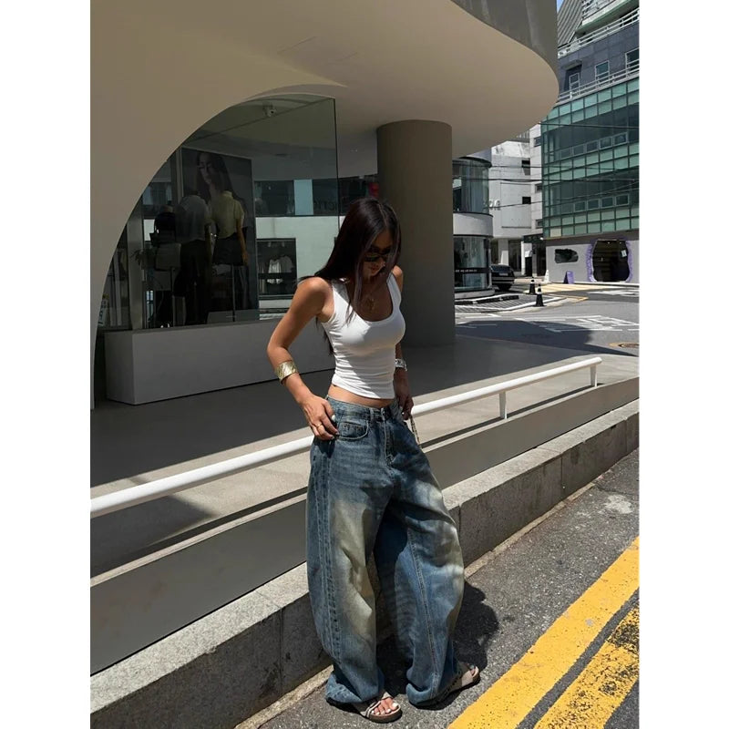 qgtao - Blue Womens Jeans High Waist Vintage Straight Summer Design Sense Denim Pants Streetwear American Wide Leg Baggy Denim Trouser