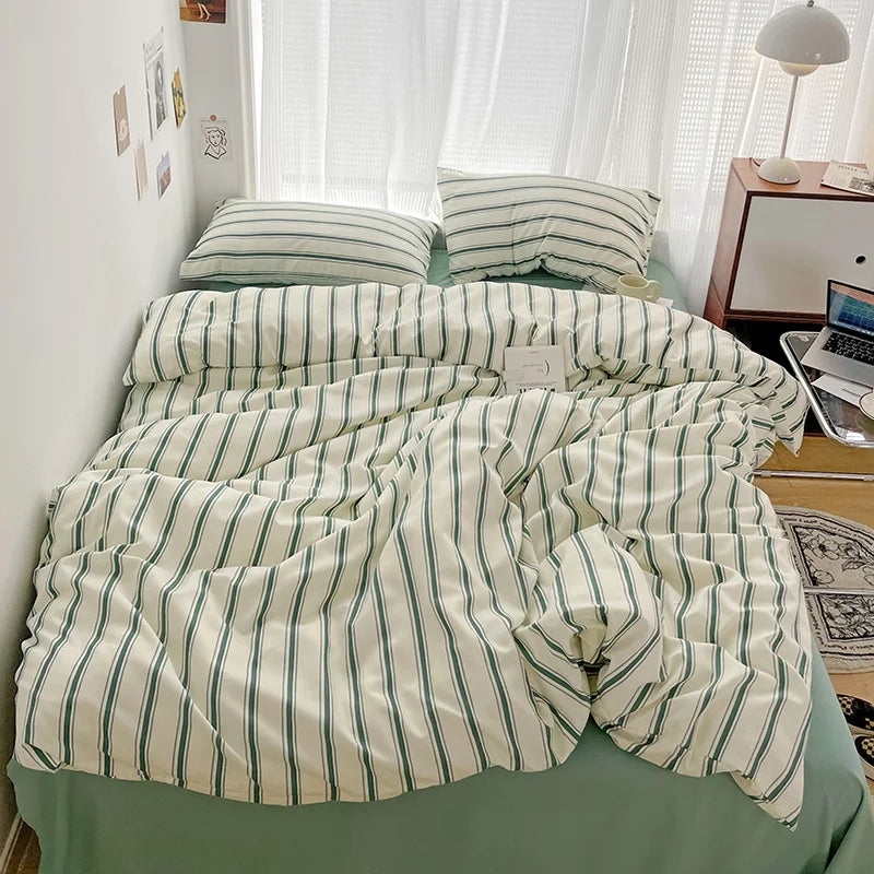 Yeknu Green Stripe Series Printed Soft Bedding Set Duvet Cover Bedclothes Bedspread Pillowcases Flat Sheets Comforter Sets for Girls