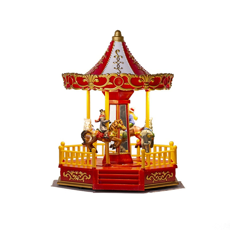 Christmas Decorations LED Glowing Carousel Music House Ornament Rotating Horse Christmas Village Kids Gift Party Xmas Home Decor