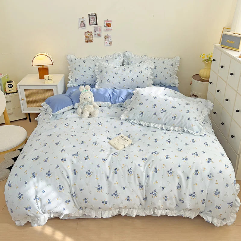 Yeknu Ins Style Floral Duvet Cover Set Flat Sheet Pillowcases No Filling Queen 200x230cm Romantic Girls Blue Bedding Flower Bed Linens