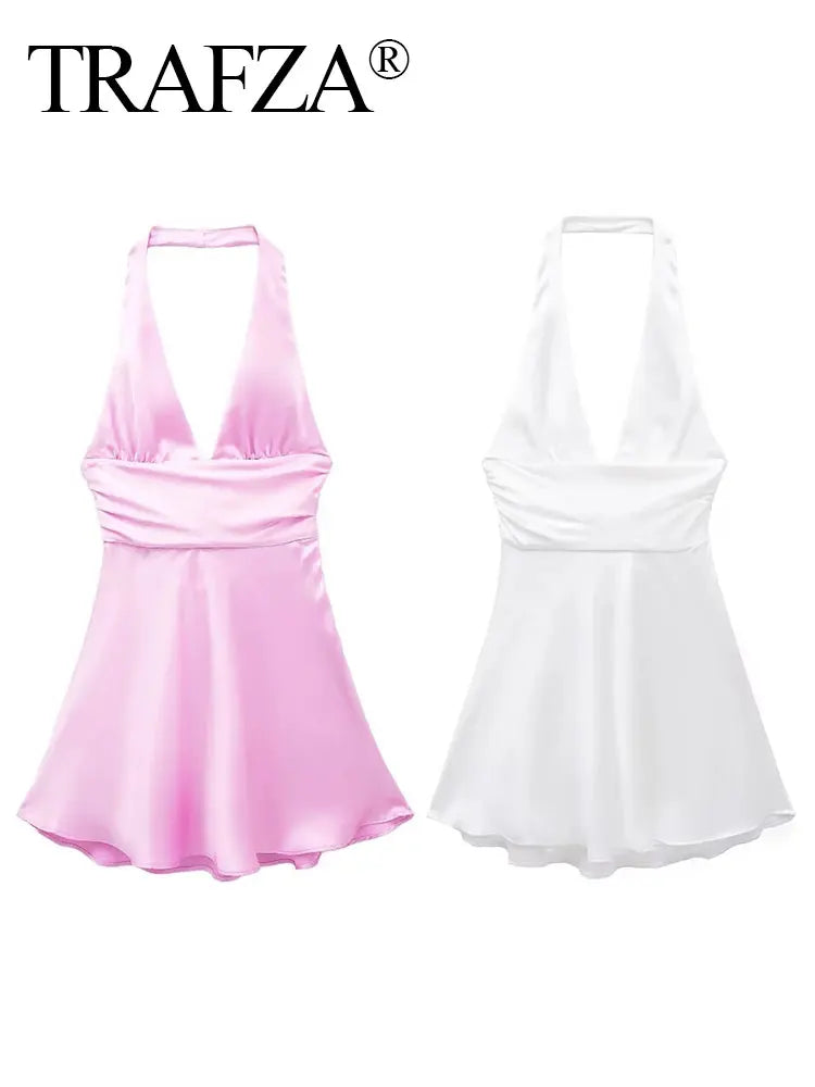 qgtao Dress For Women Fashion Back Bow Lace Up Slim Mini Dress Sexy Backless V Neck Halter Sleeveless Dresses Female Streetwear