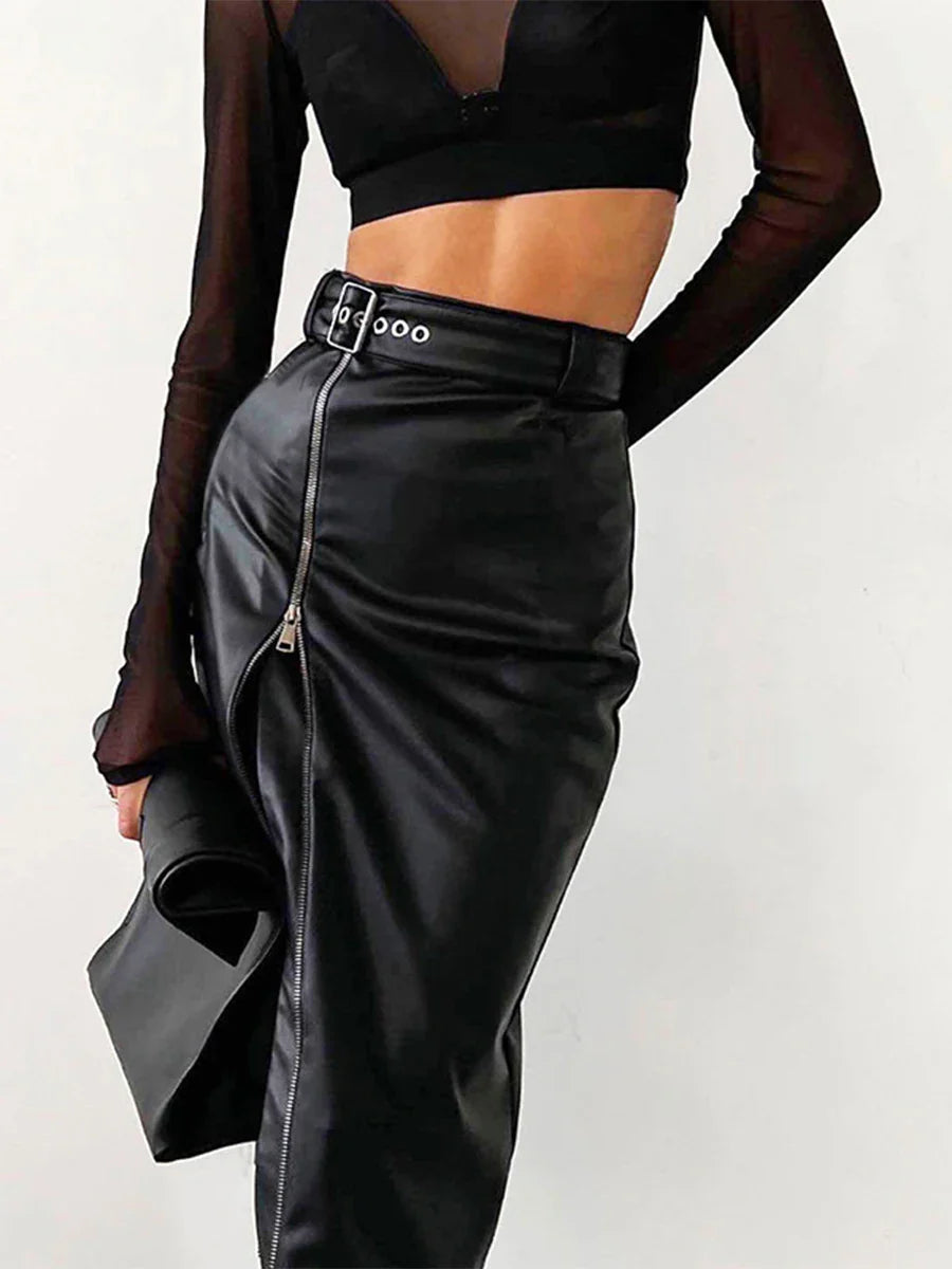 qgtao 2024 Autumn Winter Black Pencil Skirts Women Pu Leather Sexy High Waist Split With Belt Midi Skirt Bodycon Party