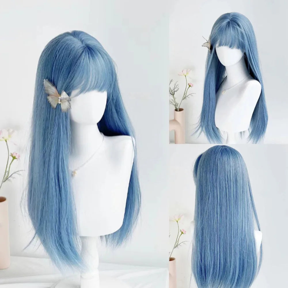OKLULU - Wig for Women Blue Wigs with Bangs Long Straight Hair 24inch Cosplay Natural Headband Synthetic Wig Pelucas