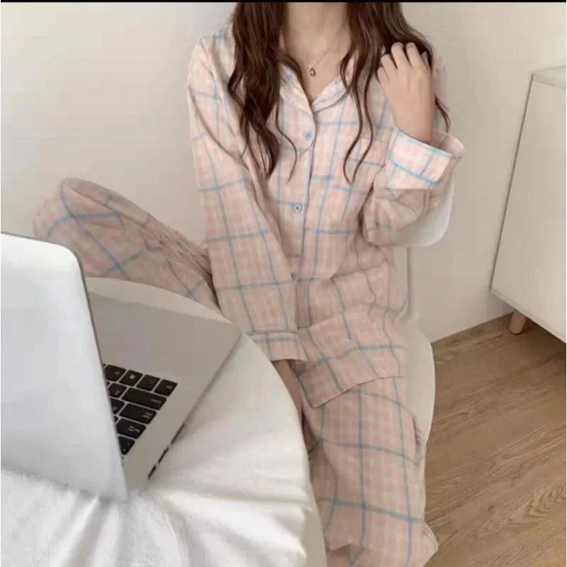 qgtao Spring Autumn Pajamas Women's Winter Sleepwear Set Korean Version of Ins Style Cute Long Sleeve Trousers Set Female Loungewear