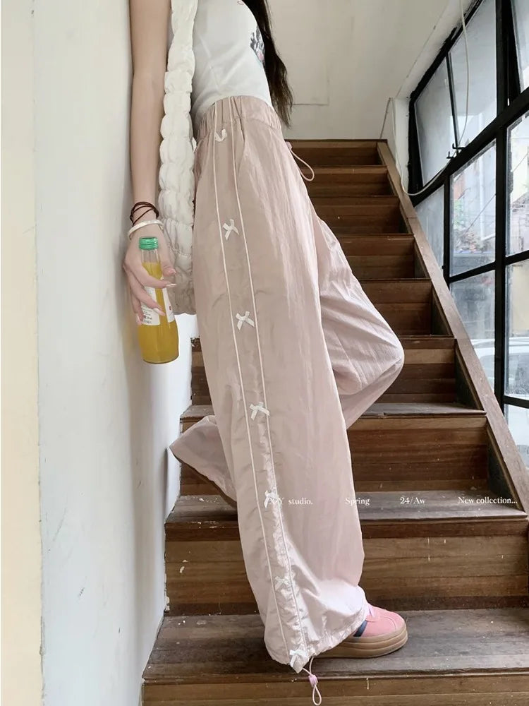 qgtao - Pink Sweet Y2k Parachute Pants Women Korean Style Coquette Baggy Joggers Bow Harajuku Kawaii Cute Wide Trousers Casual