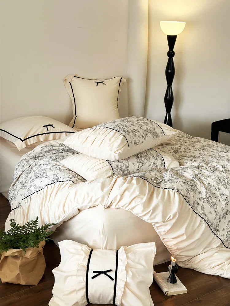 Yeknu Winter 100% Cotton Korean Princess  Bedding Set Thickened Retro French Duvet Cover Sets Flower Bed Skirt  Skin-friendly Fabrics