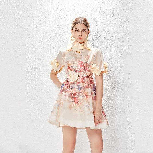 qgtao 2024 NEW Women Floral Mini Dress Spring Summer Printed Standing Collar Short Sleeve Vestido Ladies Holiday Party Vintage Dresses