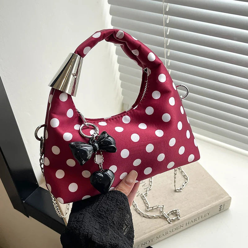 qgtao Women Fashion Round Dot Chain Crossbody Bag Autumn Winter New Bow Decor Handbag Female Nylon Zipper Style Design Shoulder Bag