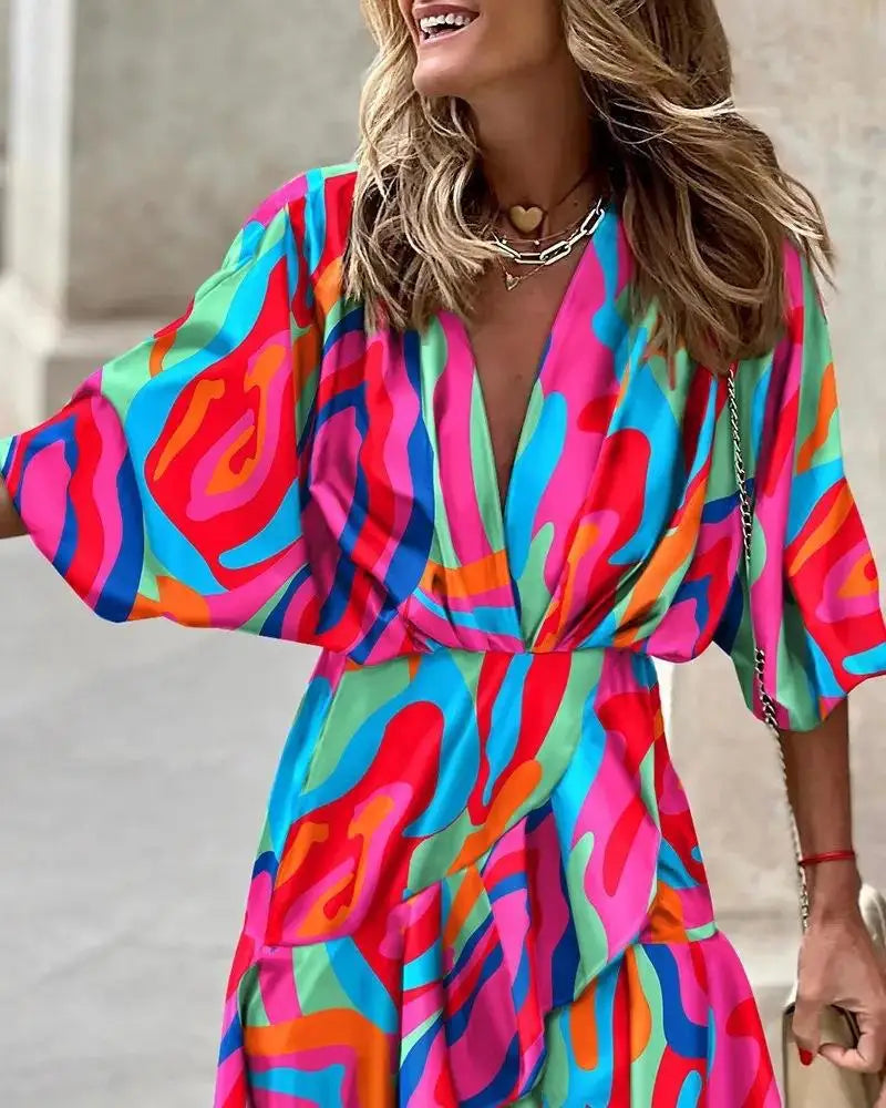 qgtao Spring And Summer Women's Bat Sleeves Sexy V-Neck Hem Irregular Dress New Women's Printed Fashion Loose 5/4 Sleeve Mini Dress