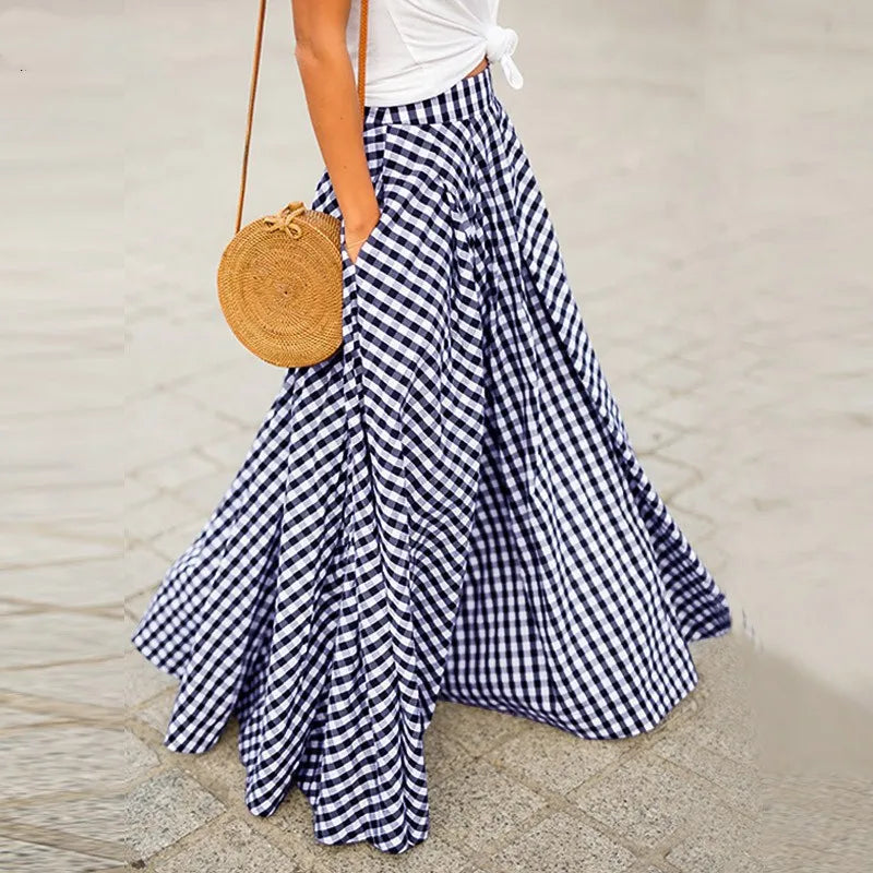 Fashion Plaid Skirt Women Boho Long Dress Summer Elegant Sexy Elastic Aline Skirt Lady Casual Loose High Waist Skirt With Pocket