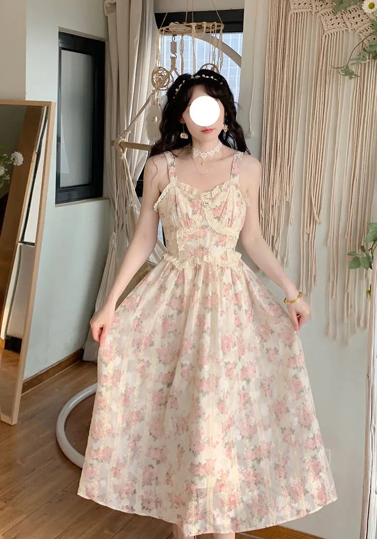 qgtao Elegant Floral Fairy Dress Women Strap Sexy Party Midi Dresses Casual Design Chic Printing High Waist Fashion Female Dress