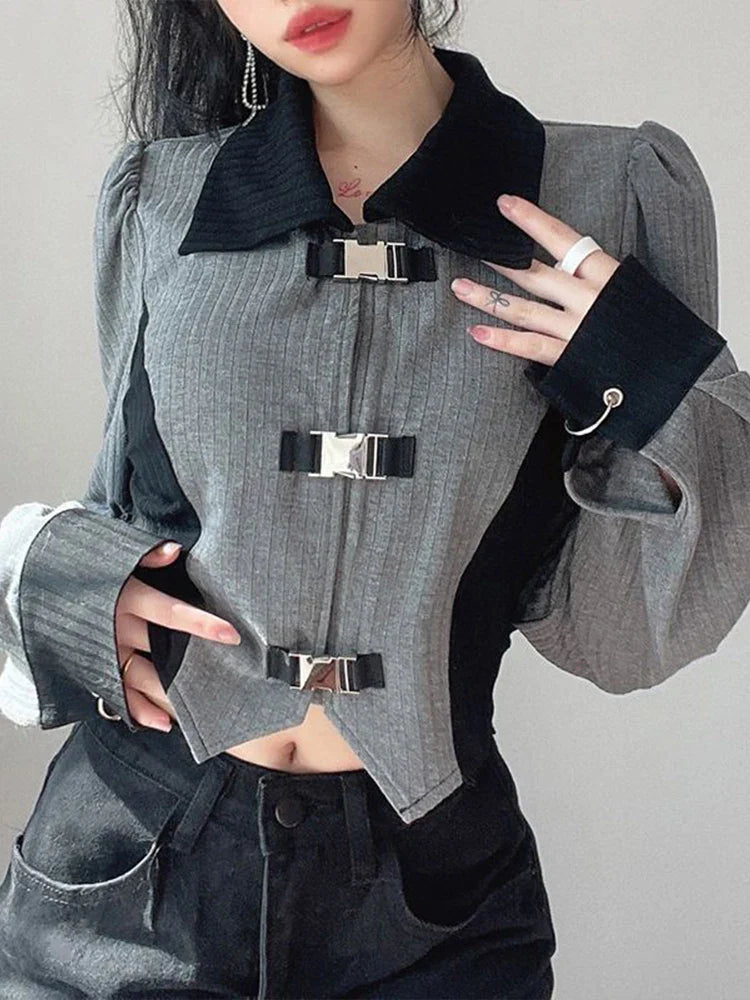 qgtao Y2k Aesthetic T-shirts Women Metal Buckle Design Crop Top Ladies Long Sleeve Patchwork Hot Girl Slim Tees