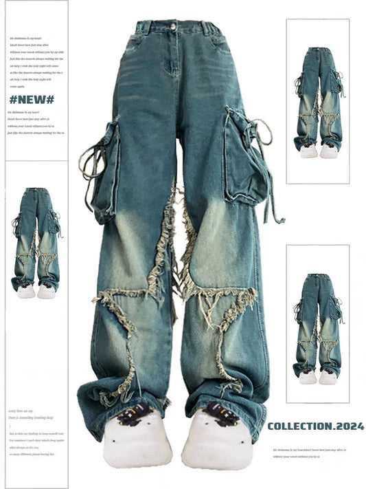 qgtao Y2k Trashy 2000s Blue Cargo Jeans Baggy Vintage 90s Aesthetic High Waist Cowboy Pants