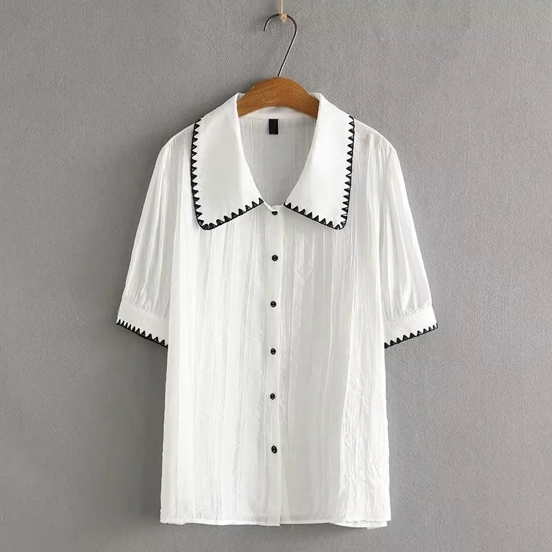 qgtao Plus Size Women's Clothing Short Sleeve T-Shirt Lapel Zigzag Shape Stitches Cotton Inelastic Thin Cardigan Large Size Top Summer