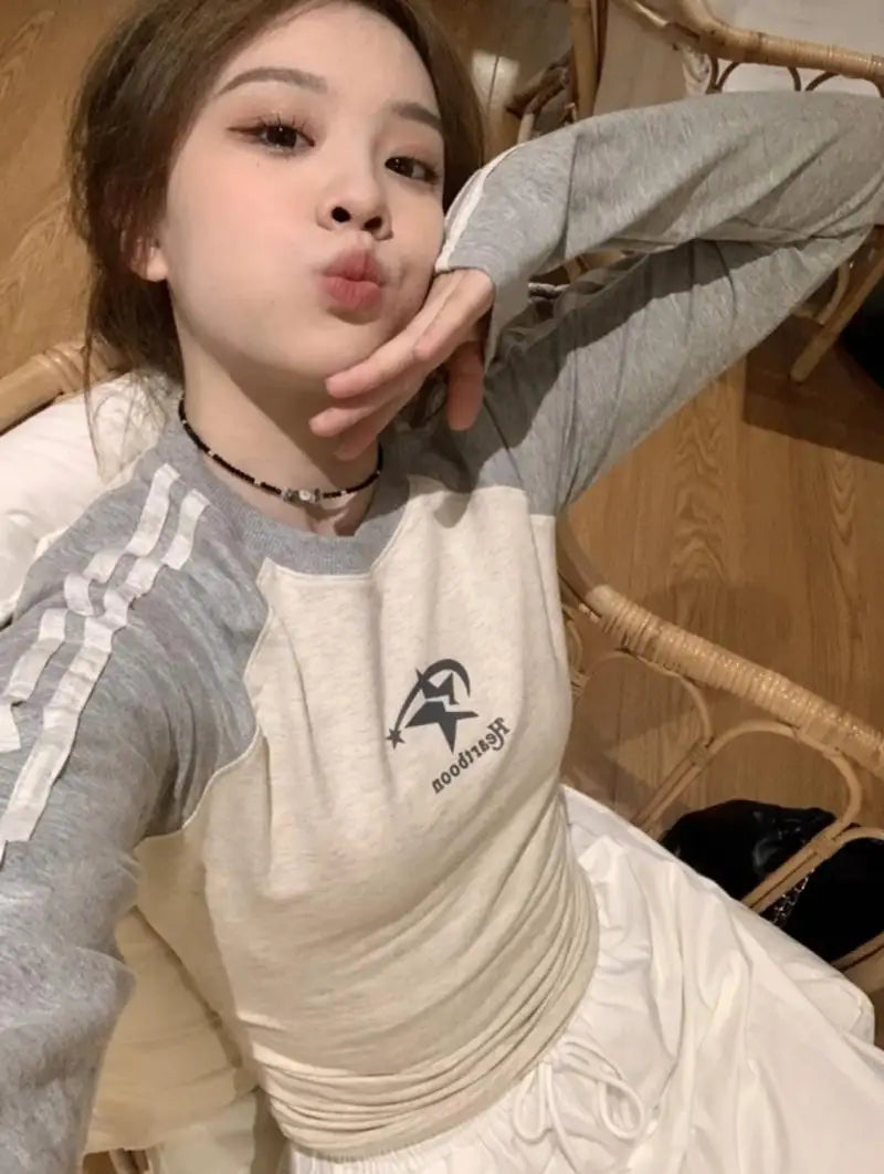 qgtao Y2K T Shirts Women Autumn Long Sleeve Top Female American Retro Star Print Crop Tee Lady Harajuku Stripe Patchwork Slim T Shirt