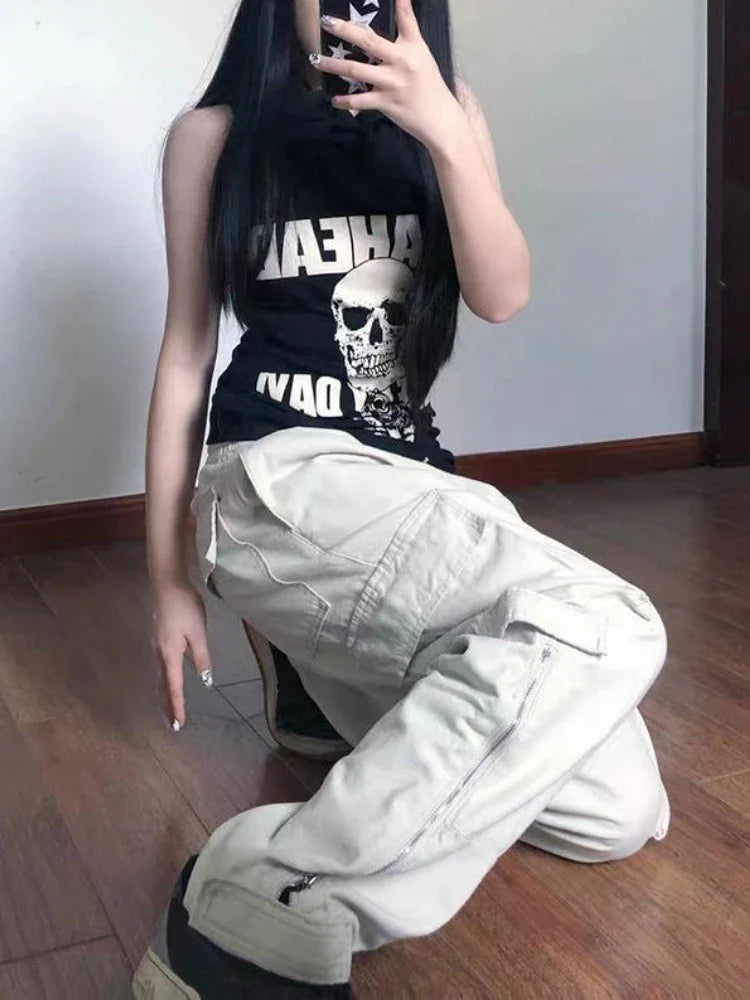 qgtao Y2k Big Pocket Cargo Pants Women Street wear Straight Wide Leg Trousers Vintage Design Side Zipper Drawtring Baggy Pants