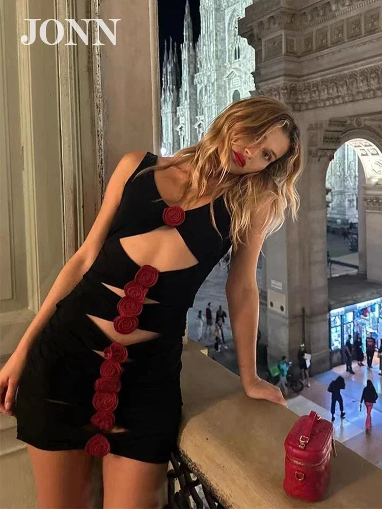 qgtao Women's Sexy V-Neck Cutout Red 3D Flowers Black Mesh Tank Mini Cocktail Party Dress Nightclub Wear Elegant Evening Dress