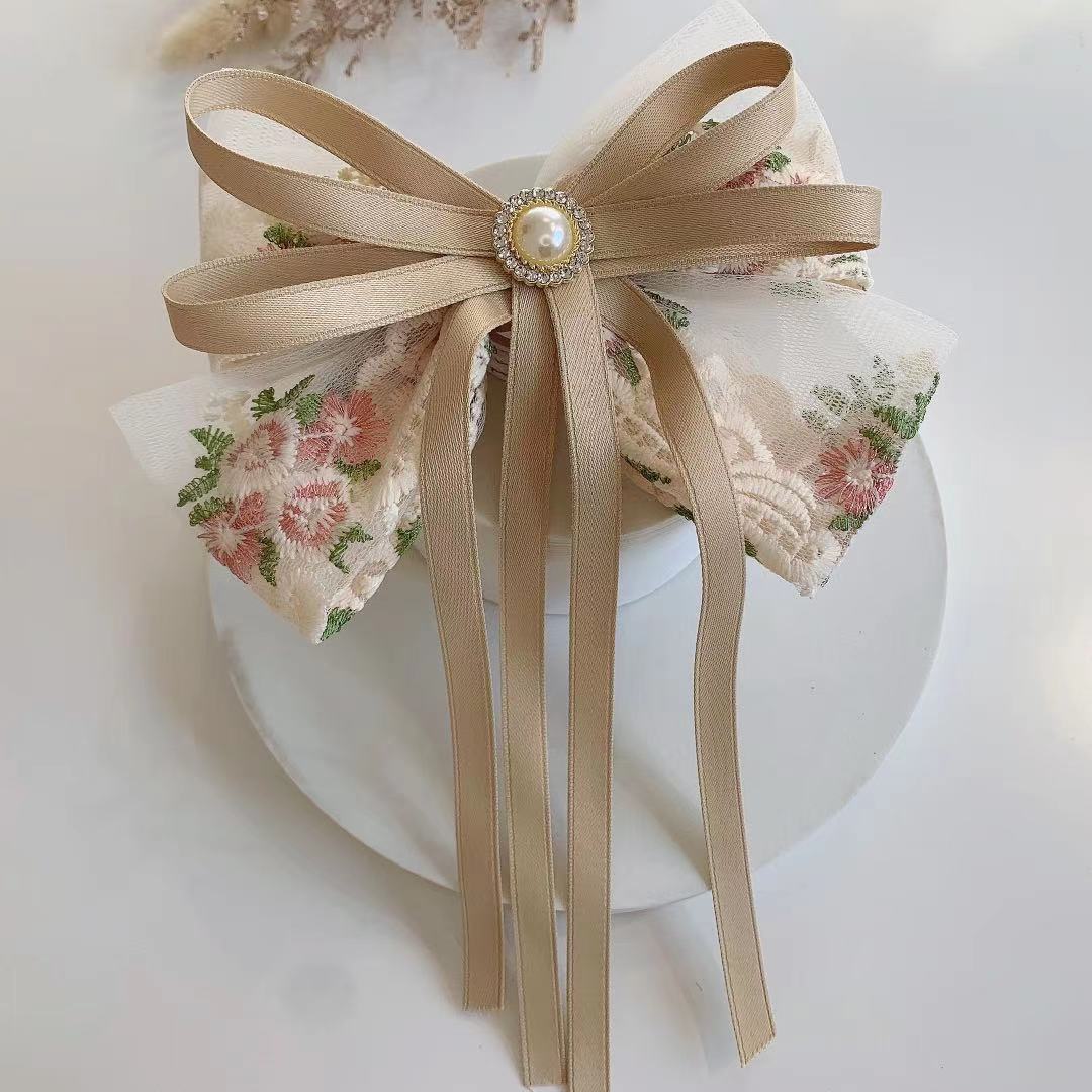 Korean Ribbon Bow Spring Barrette Hair Clips Embroidery Flower Hairpins Fabric Hair Bows Hoop Daily Casual Hair Accessories Gift