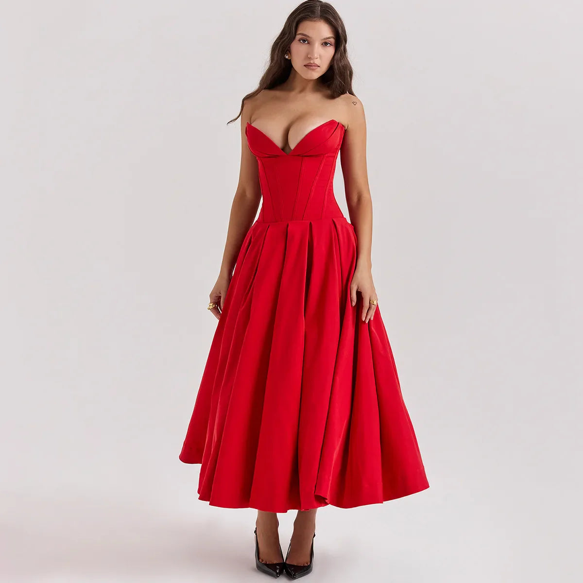 qgtao Summer Formal Occasion Strapless Dress Sexy Elegant Fit and Flare Birthday Party Dresses Red Women's Clothing