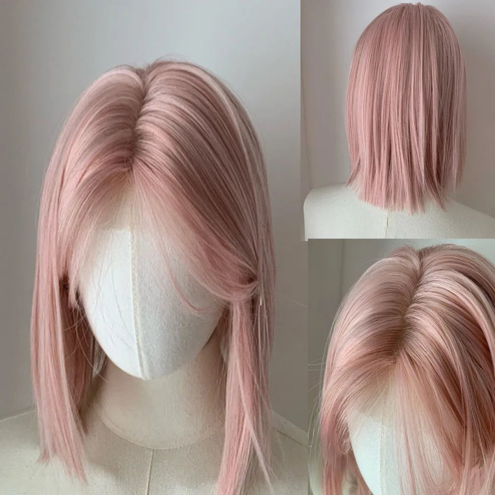 qgtao - Sweet Short Bob Wig for Women Lace Front Wigs Headband Summer Fresh Pink Blonde Short Hair Cosplay Pink Wig Lolita