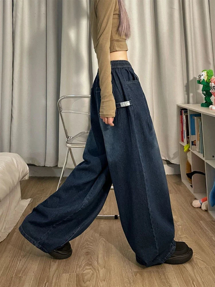 qgtao Women Vintage Baggy Jeans Y2K Elastic High Waist Oversize Street wear Trouser Denim Wide Leg Straight Basic Pants Spring