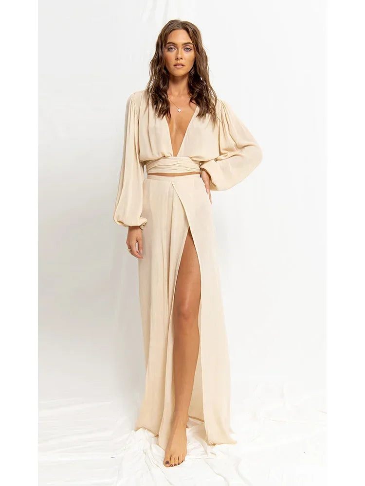 qgtao Elegant Sexy Dress for Women Lantern Sleeve Deep V-neck Cut Out Beach Style Split Hem Boho Vintage Casual Vintage Midi Dress